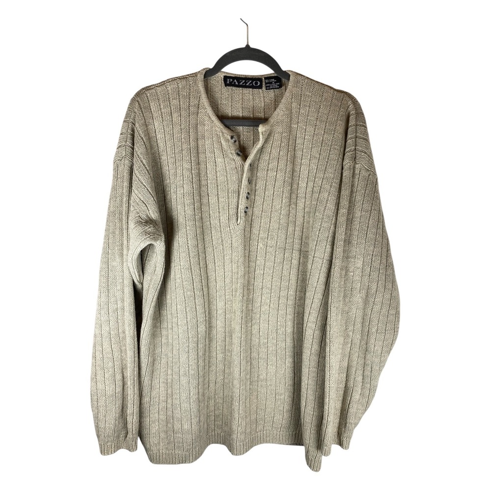 Vintage Pazzo Henley Sweater Mens M Oatmeal Ramie Excellent Ribbed Fisherman